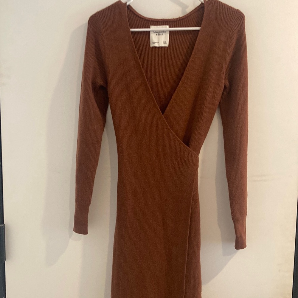 Abercrombie & Fitch Rust Brown Ribbed Wrap Midi Sweater Dress